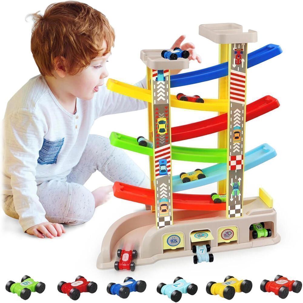 Montessori Toys for 2 3 Year Old Boys Toddlers, Car Ramp Toys with 6 Cars & Race